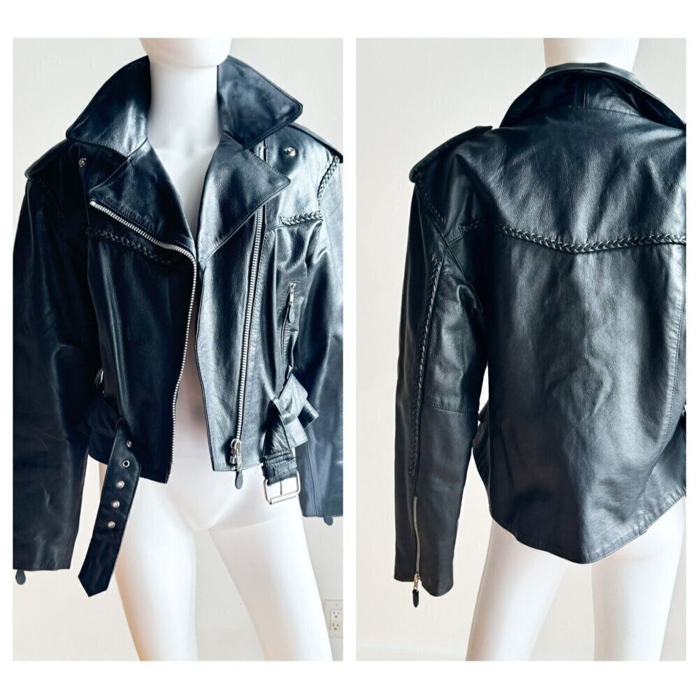 Vintage Black Leather Braided Detail Motorcycle Jacket M/L